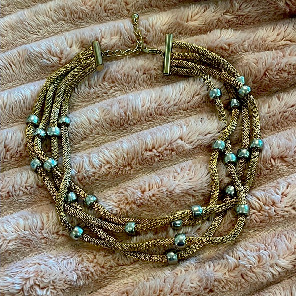 Gold and Silver tone Layered Necklace with Metallic Beads